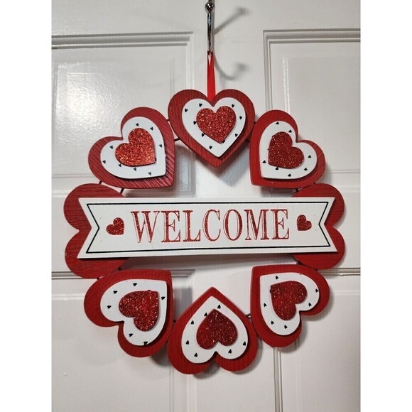Valentine's Day Heart Wreath Door Hanger Sign Red White Glitter Wooden Welcome - Picture 5 of 9